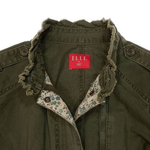 Elle Military Jacket Size M Womens Army Green Distress Full Zip Elastic Waist - Picture 11 of 11